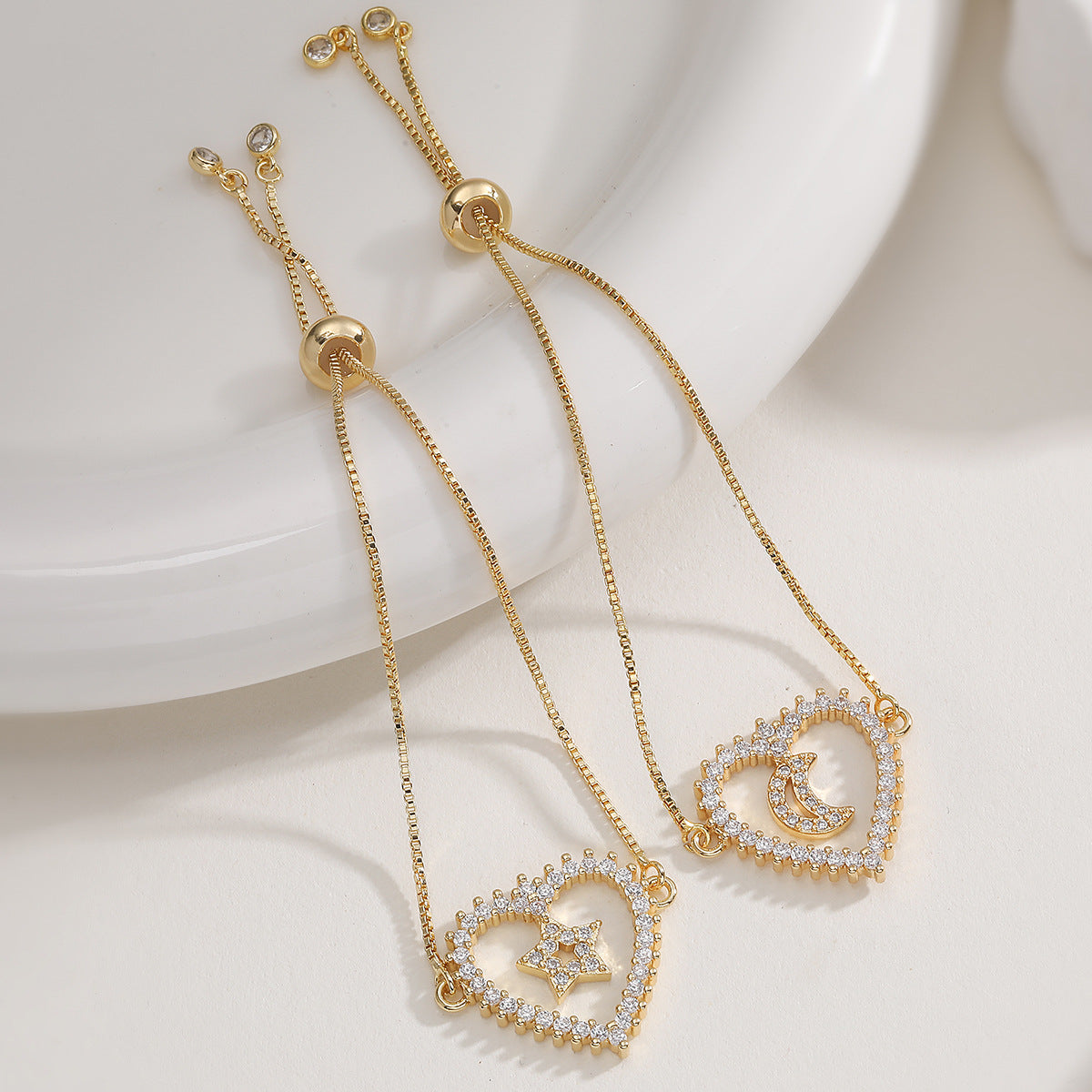Minimalist Luxury 18K Gold Plated Brass Heart Star Moon Geometric Bracelet with Cubic Zirconia for Women