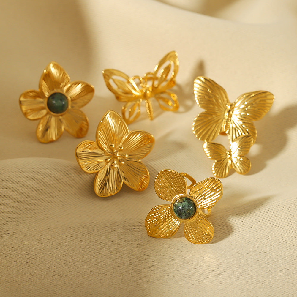Floral Butterfly Shaped Stainless Steel Ring with 18K Gold Plating and Turquoise Inlay for Women