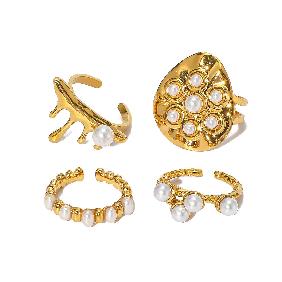 Anello Minimalista Irregolare Rotondo in Acciaio Inossidabile con Intarsio di Perle e Placcatura in Oro 18K per Donna e Uomo