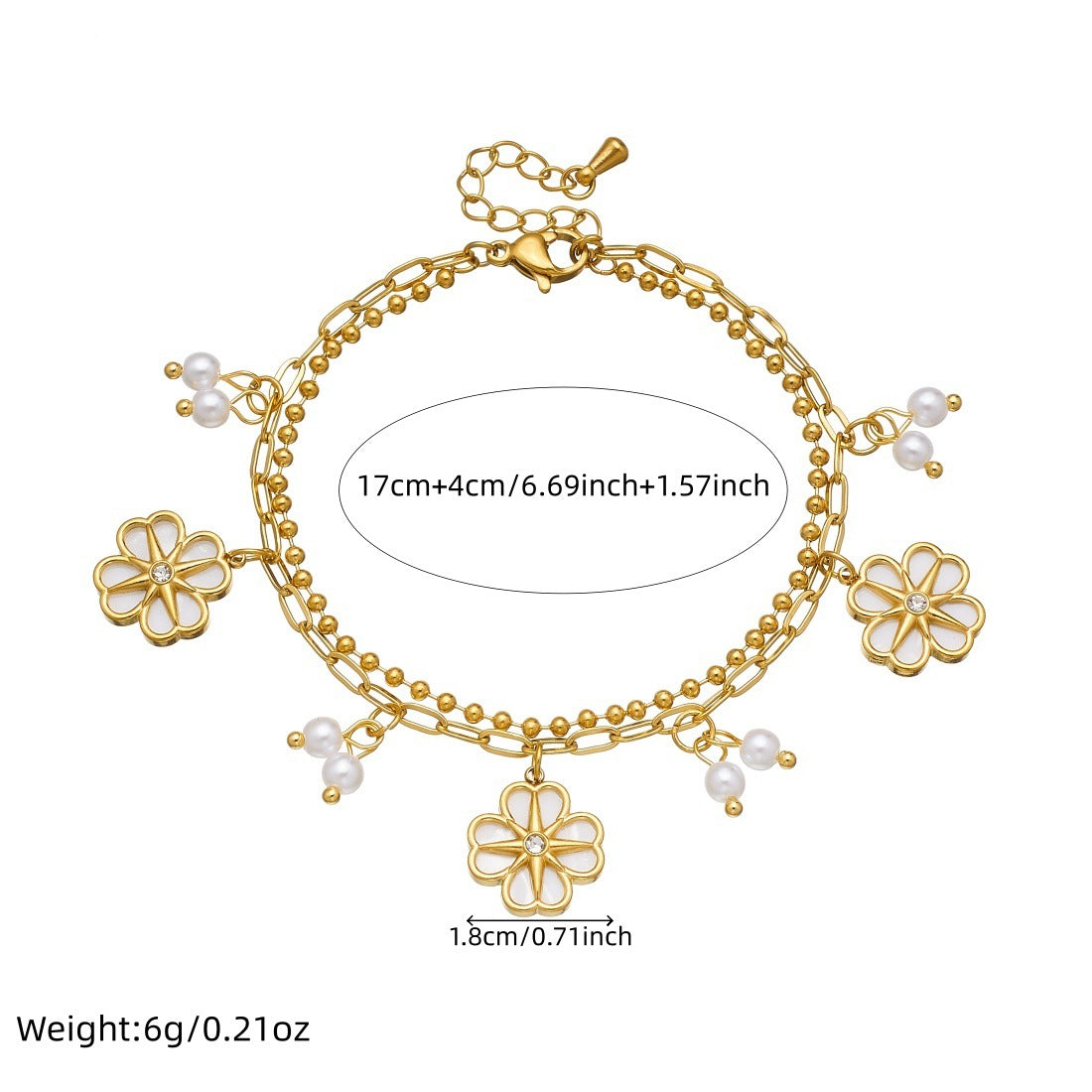 Vintage Elegant Gold Plated Stainless Steel Floral Pearl Double Layer Chain Bracelet