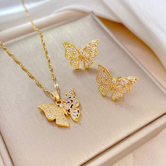 Luxury Titanium Steel Butterfly Pendant Necklace and Earrings Set with Micro-Pavé Detail for Women Elegant Party Jewelry
