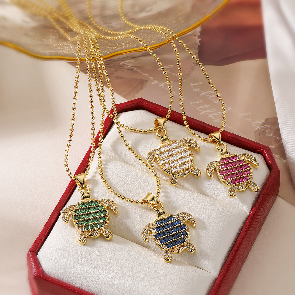 Minimalist Turtle Pendant Necklace for Women with Copper Base Plated in 18K Gold and Zircon Inlay