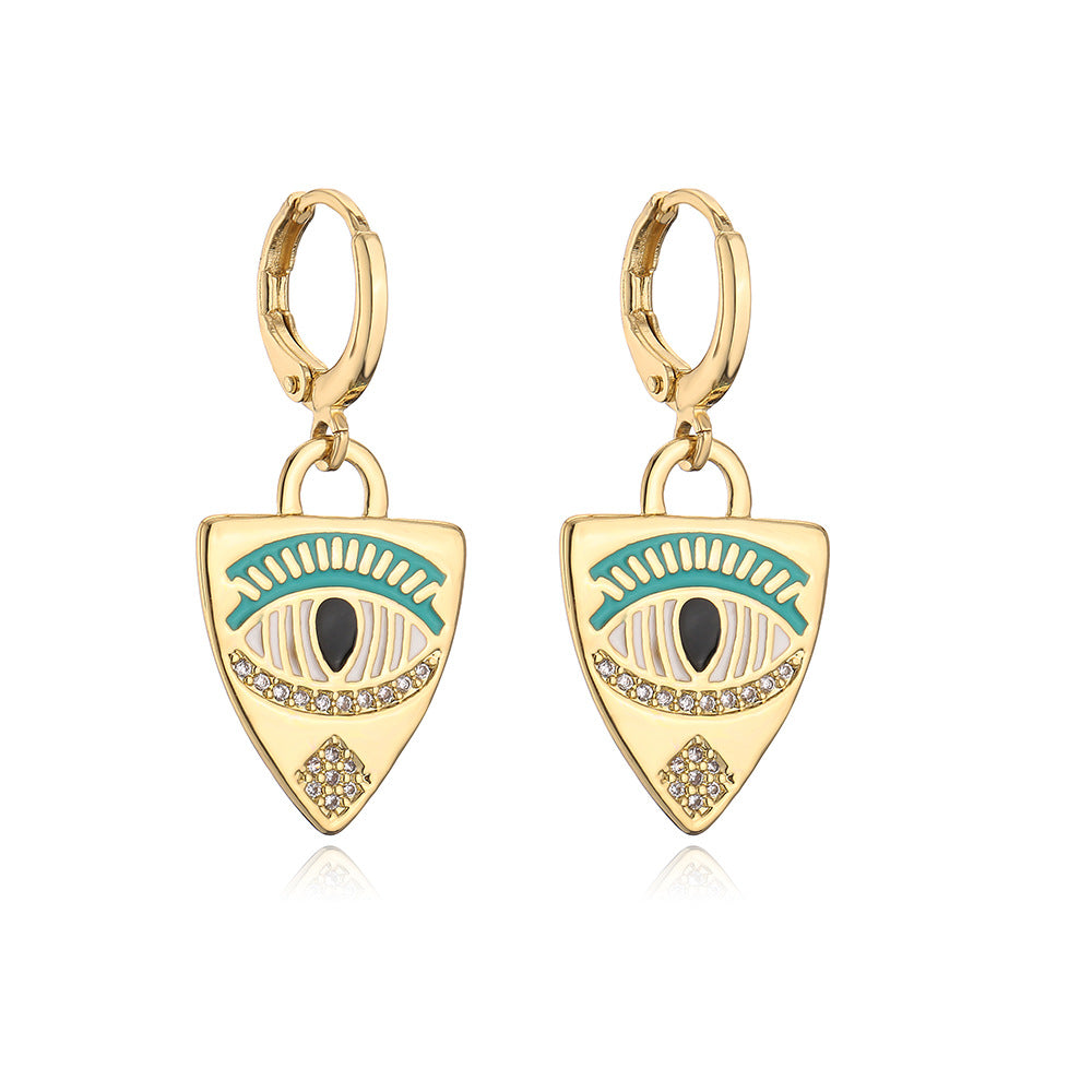 Orecchini geometrici minimalisti in rame placcati in oro 18 carati con dettaglio smaltato a forma di occhio da donna