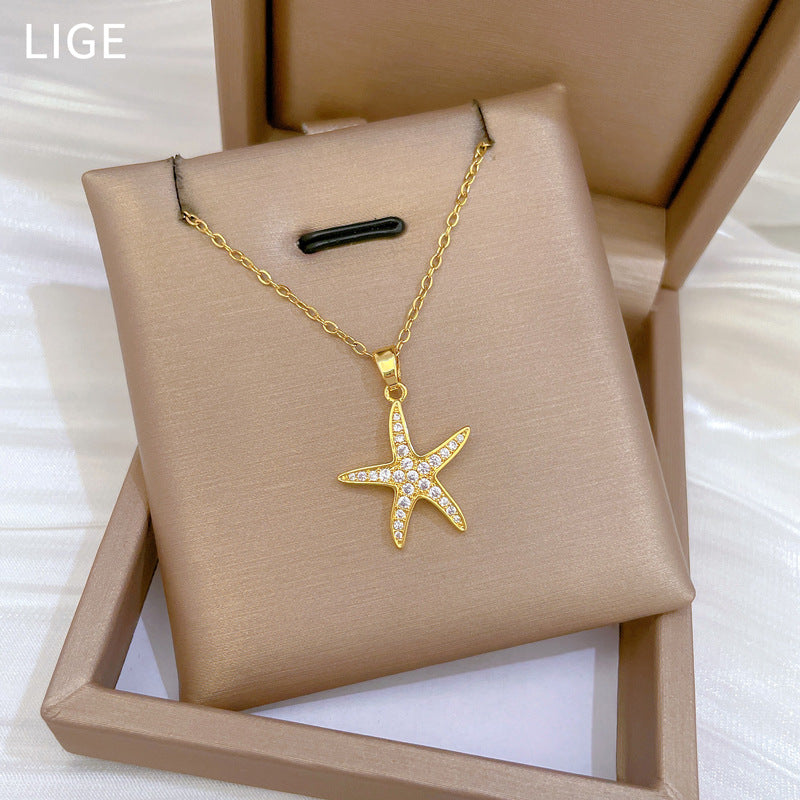 Collana Minimalista a Forma di Stella in Acciaio al Titanio con Intarsi di Strass per Donna e Uomo, Delicata Catena Clavicolare