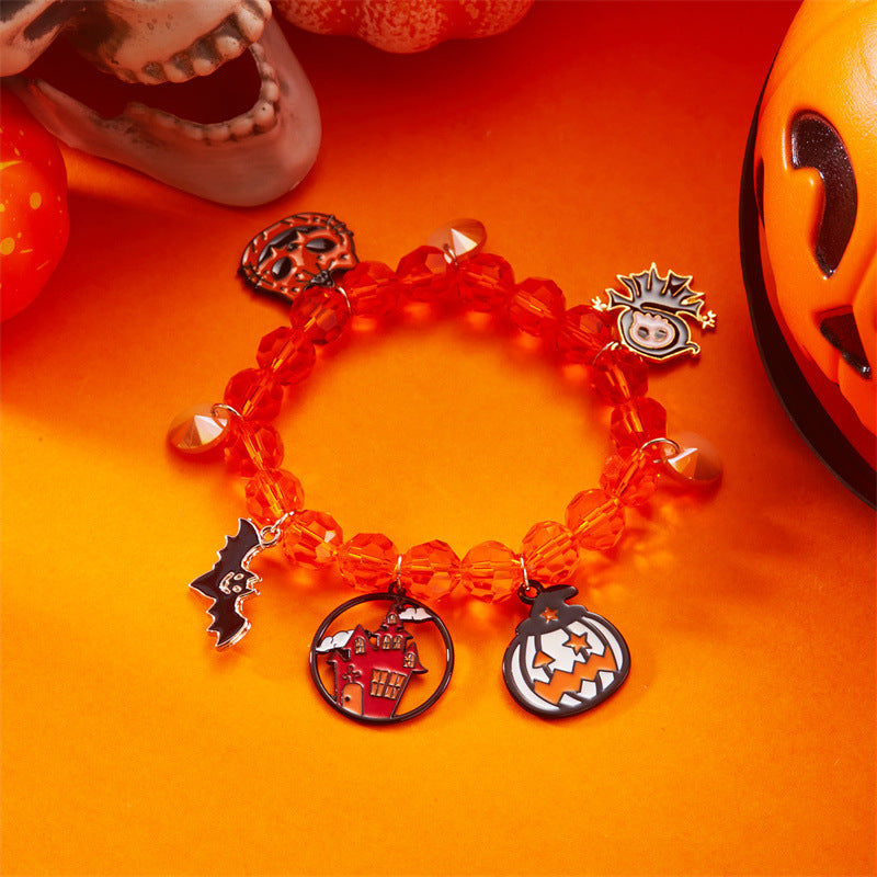 Pulsera de aleación con diseño de gato negro y calavera, temática de Halloween, con cuentas geométricas estilo gótico