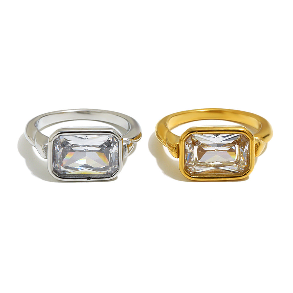 Minimalist 18K Gold Plated Stainless Steel Rectangle Geometric Cubic Zirconia Ring for Women