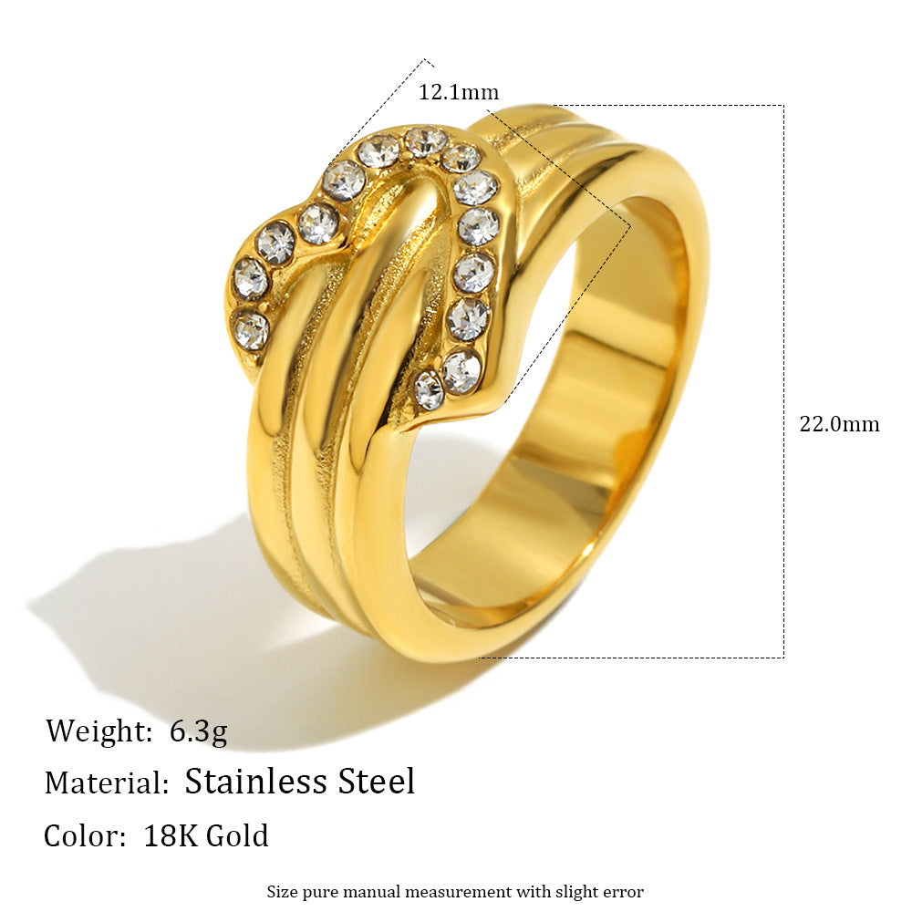 Minimalist Luxury 18K Gold Plated Stainless Steel Heart Rhinestone Ring for Women