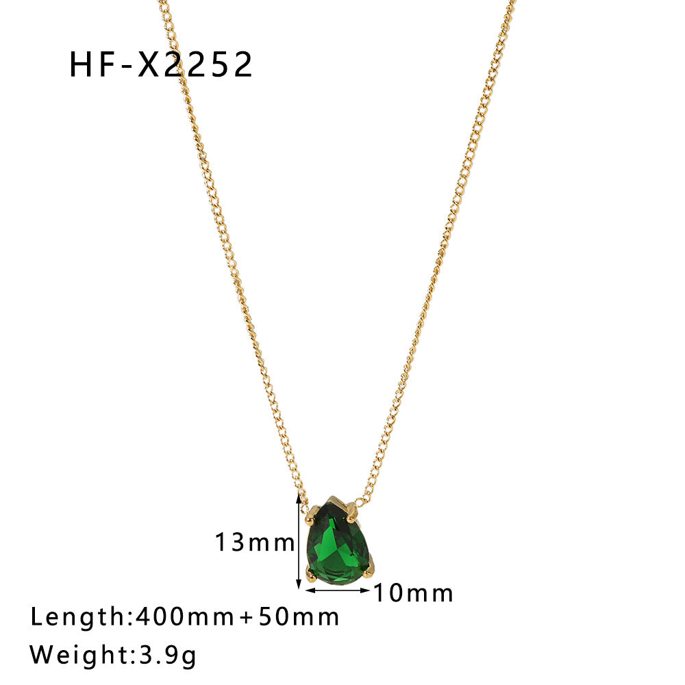 Minimalist Teardrop-Shaped Stainless Steel Necklace with 18K Gold Plating and Green Zircon Pendant for Women