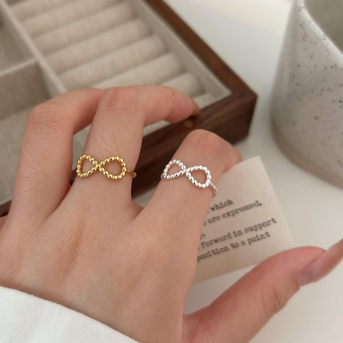 Minimalist Sweet 925 Sterling Silver Geometric Infinity Beaded Open Ring for Women