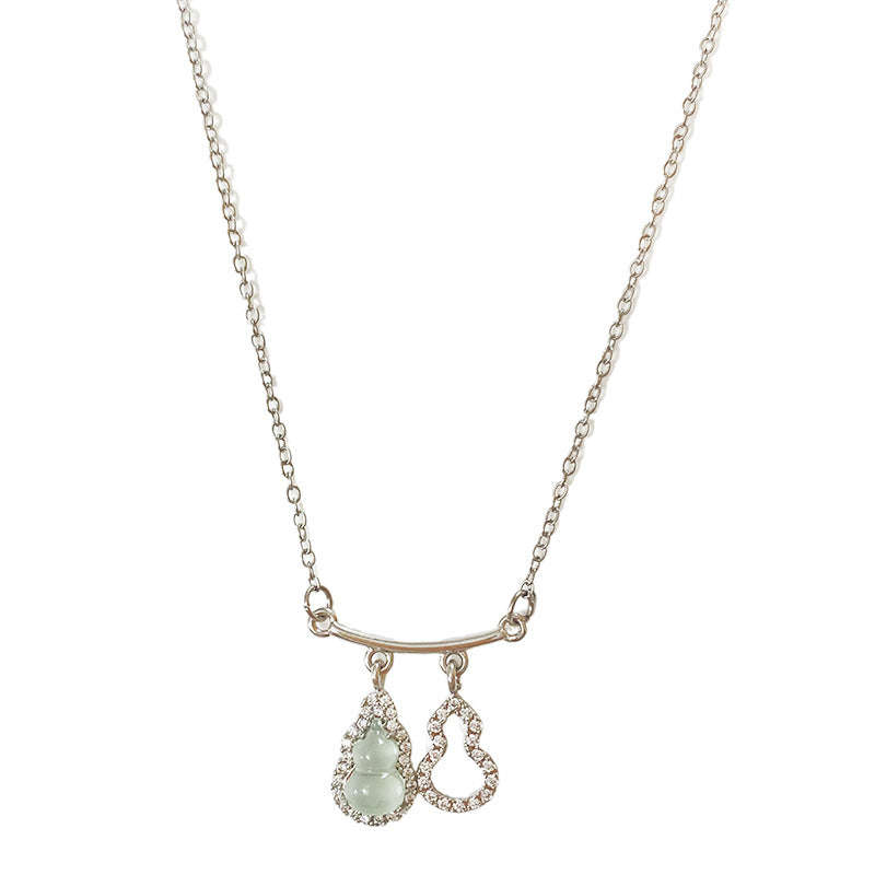 Vintage Chinese Style Titanium Steel Gourd Pendant Necklace with Green Jade Inlay Cable Chain for Unisex