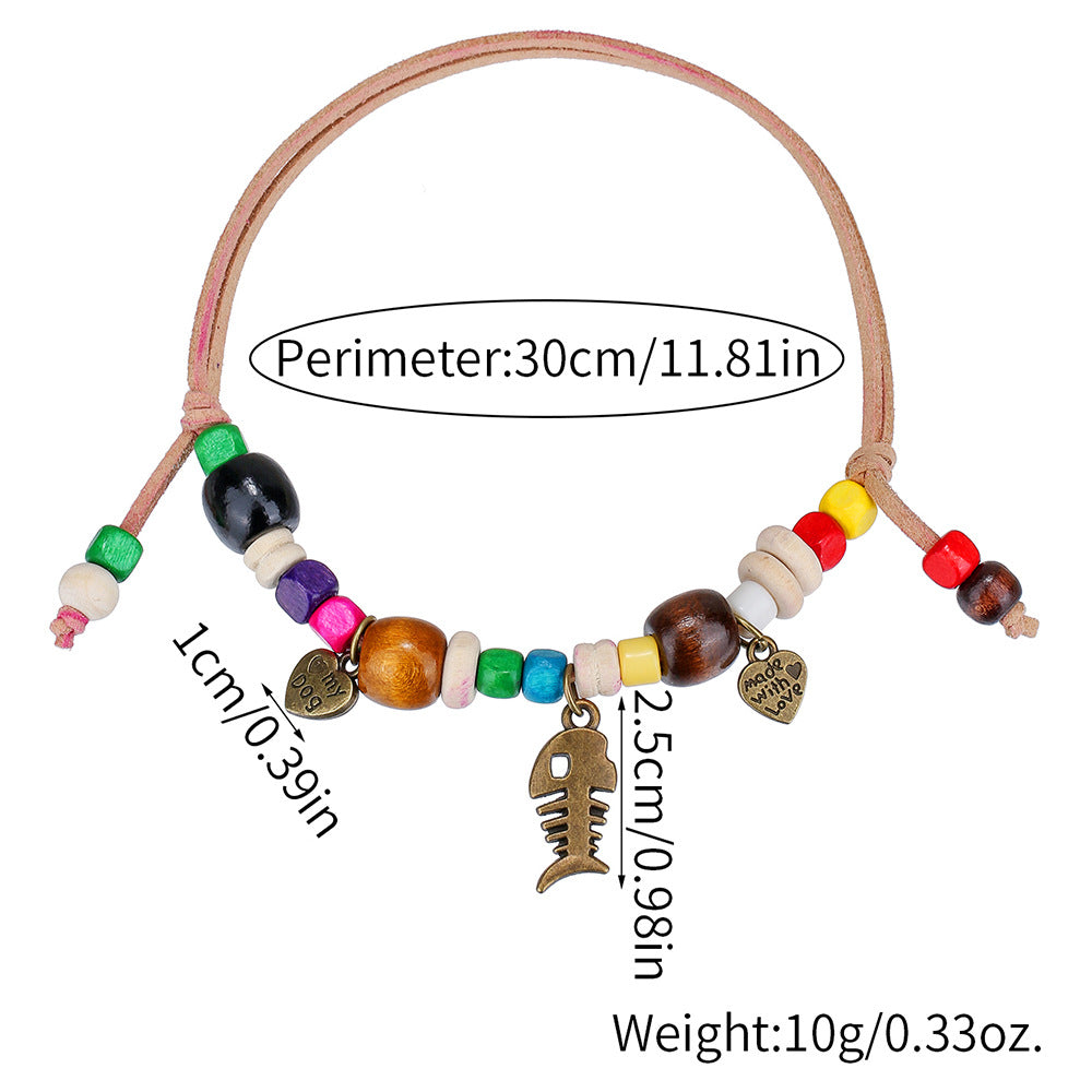 Handmade Natural Wood Bead Pet Necklace with Adjustable Double Layer Rope Chain for Dogs Cats and Animals in Heart Shape