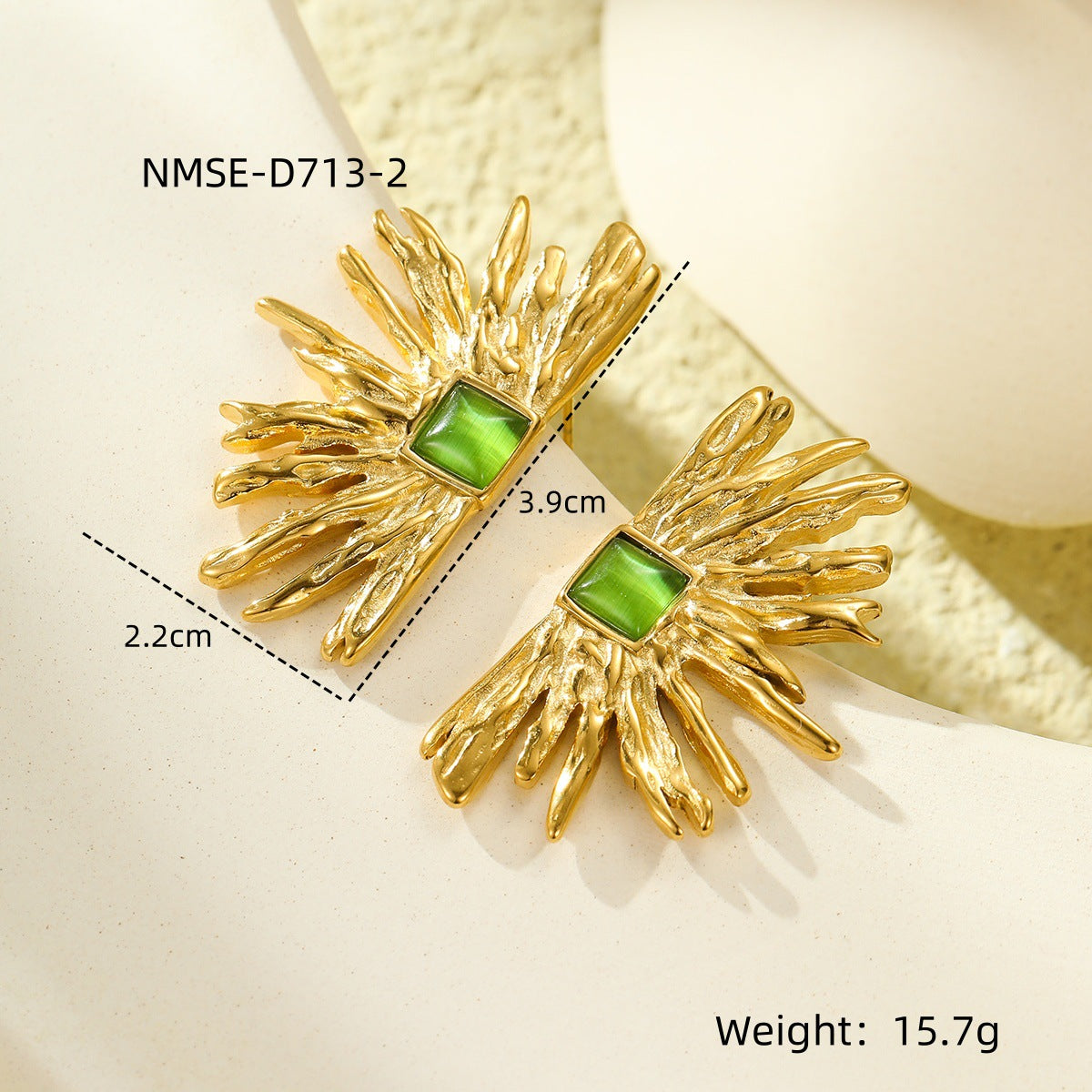 Orecchini a perno da donna a forma di girasole, in acciaio inossidabile, con occhio di gatto verde, stile vintage