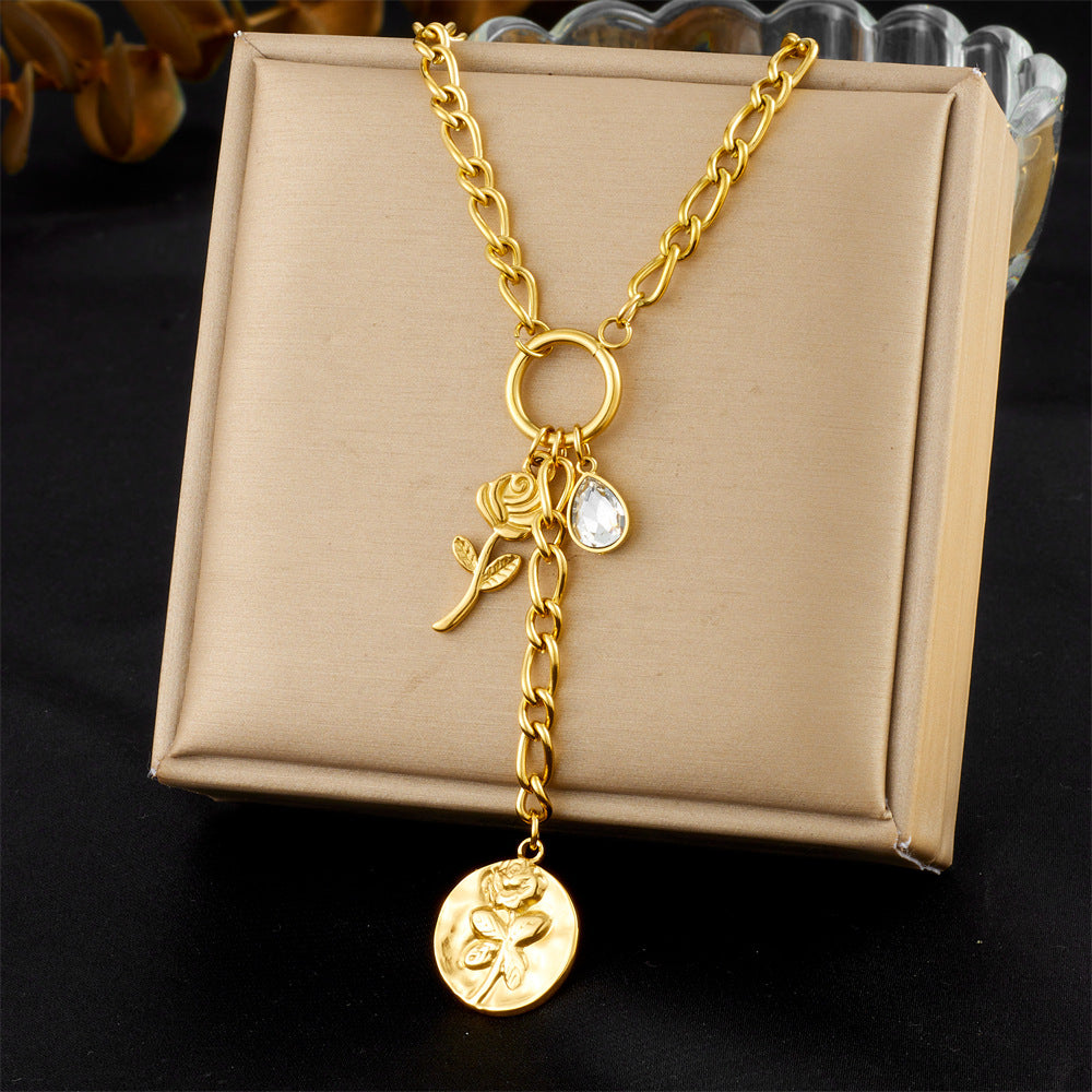 Fashion Stainless Steel Plated Long Tassel Necklace with Heart Floral Round Moon Sun Teardrop Shapes and Rhinestone Accents for Women