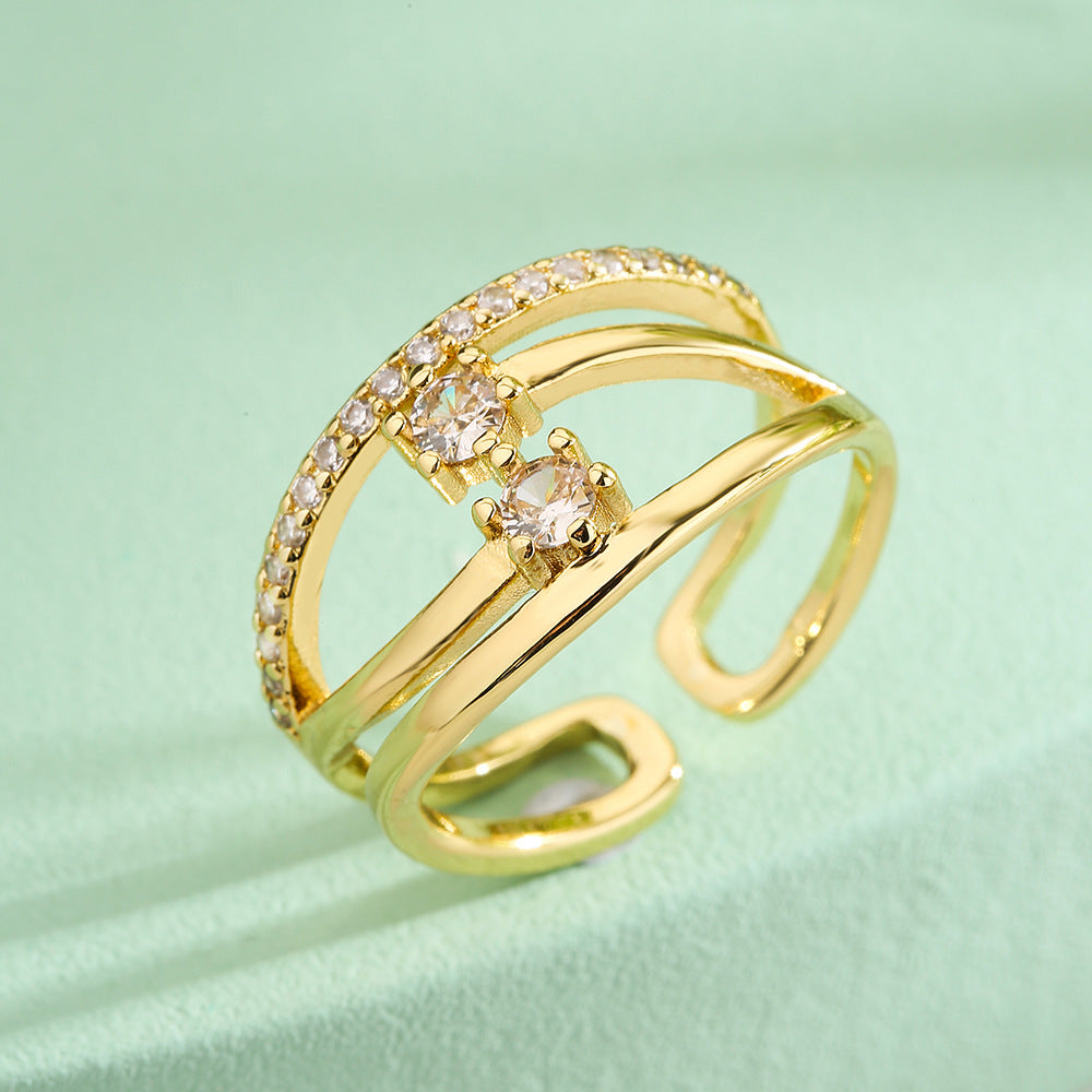 Minimalist Geometric Hollow-Out Zirconia-Set Copper Ring for Women with Irregular Design and Premium Finish