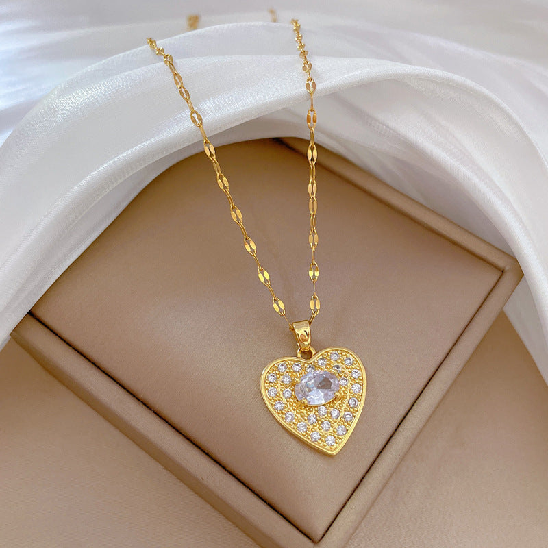 Collana Minimalista a Cuore in Acciaio al Titanio con Intarsio di Strass per Donne e Uomini, Delicata Catena alla Clavicola