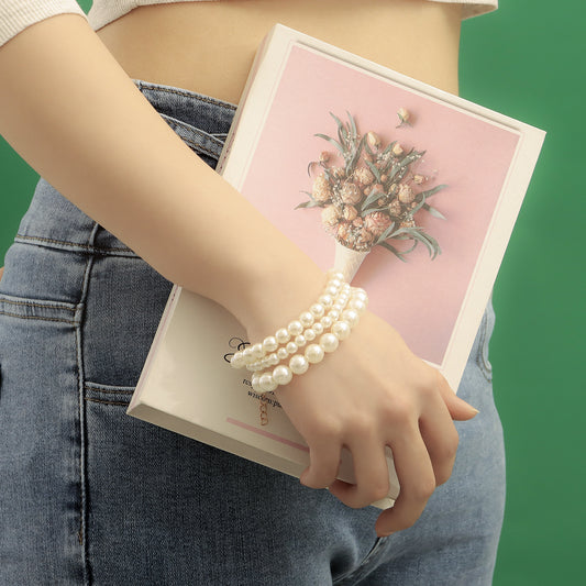 Juego de pulseras de perlas blancas minimalistas de estilo natural para mujer, aleación con acabado galvanizado