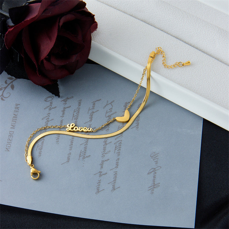 Fashionable Minimalist Double-Layer Stackable Heart-Shaped Titanium Steel Bracelet with Letter Charms and Plated Finish