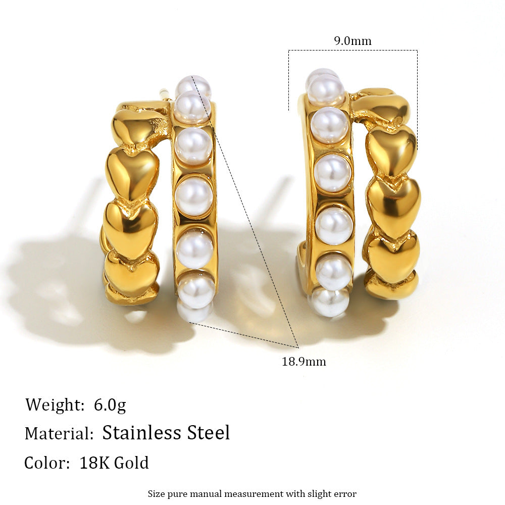 Minimalist Heart-Shaped Stainless Steel Earrings with 18K Gold Plating and Simulated Pearl Accents for Women