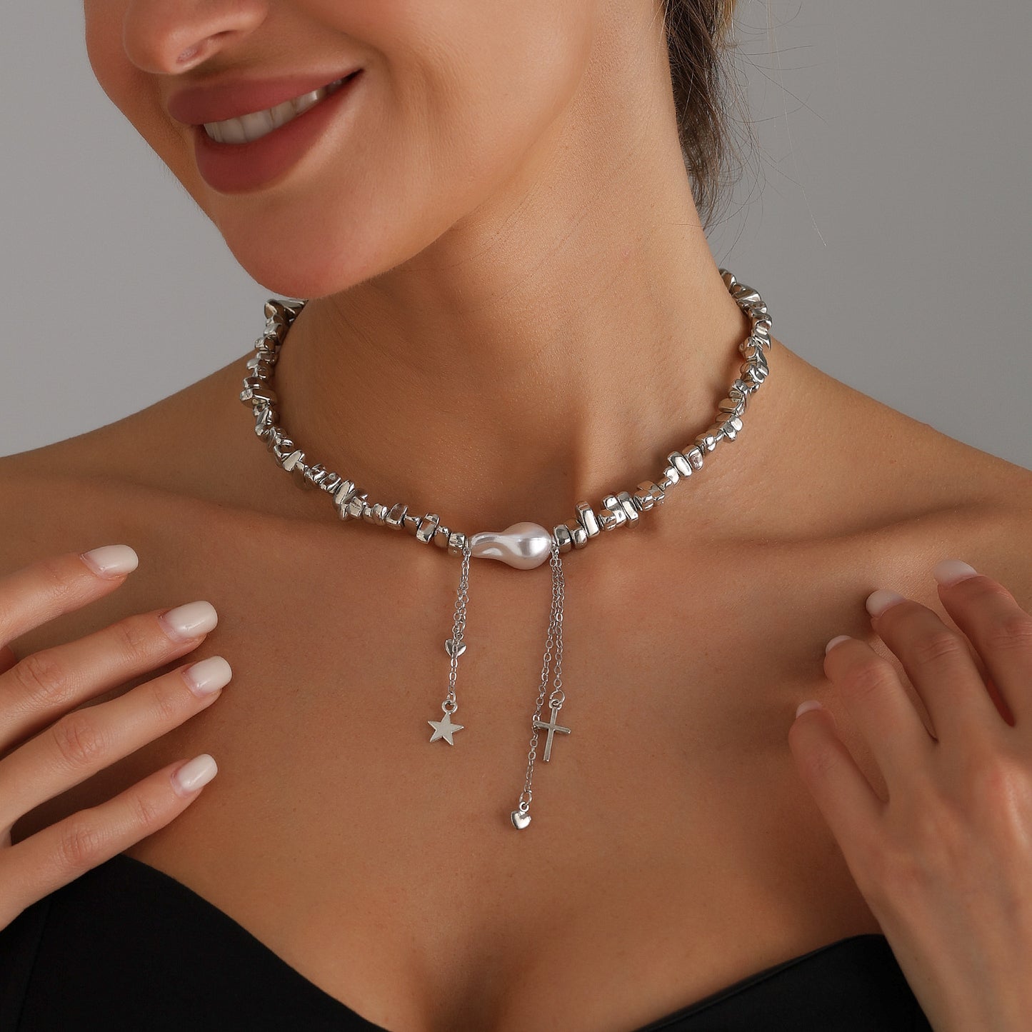 Vintage Asymmetrical Pearl Necklace with Star Heart Cross Pendant and Tassel Detail for Women Alloy Electroplated Locket Chain