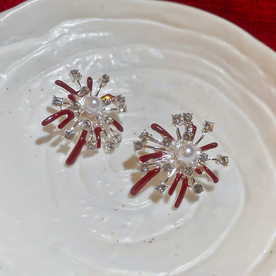 Orecchini a Perno in Perla Eleganti di Lusso con Dettagli in Strass e Design a Fuoco d'Artificio Smaltato per Donna