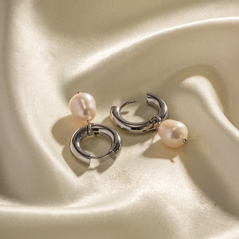 Pendientes minimalistas geométricos de acero inoxidable con colgante de perla natural de agua dulce para mujer