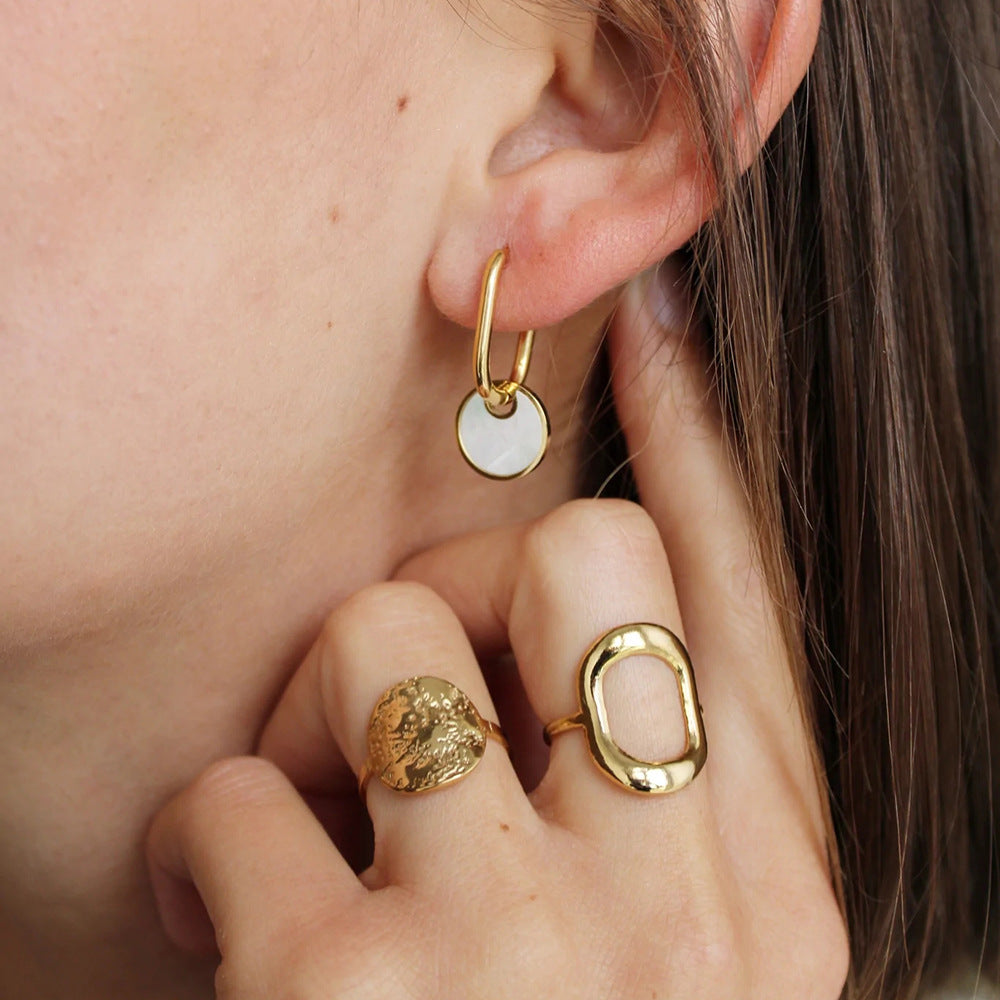 Minimalist Geometric Titanium Steel Earrings with 18K White Mother-of-Pearl Round Pendants Electroplated Finish