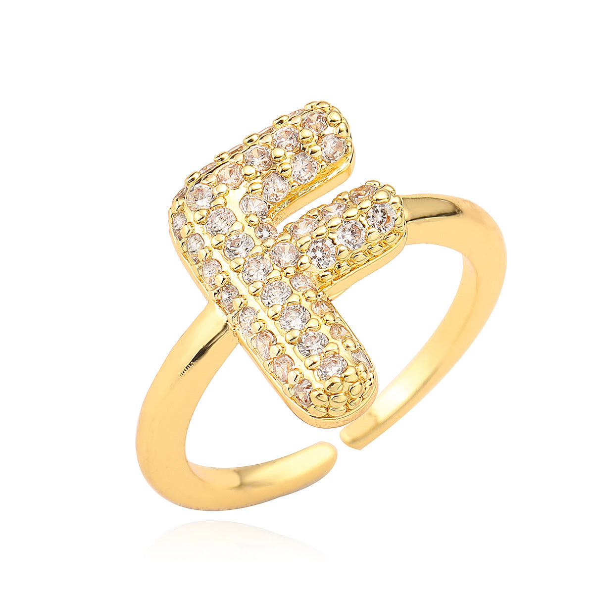 Anillo de cobre minimalista de forma geométrica con letras, chapado en oro de 18K y detalles de circonita para mujer