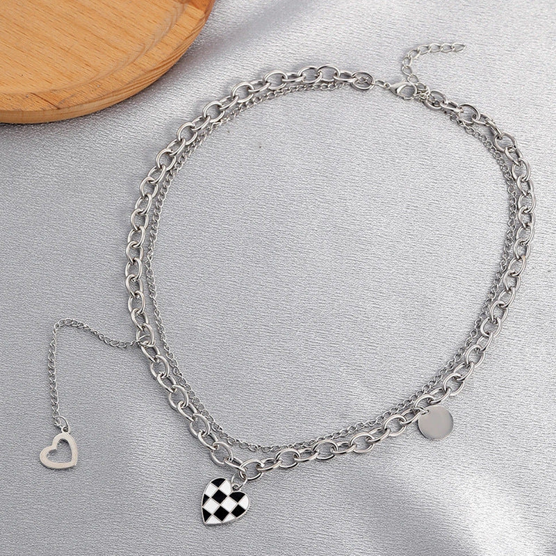 Sweet and Edgy Black and White Checkered Heart Pendant Necklace in Stainless Steel with Plated Finish
