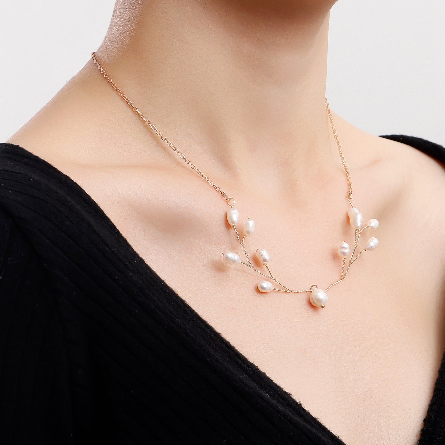 Minimalist Handwoven Branch-Shaped Alloy Necklace with Freshwater Pearl Pendant for Women