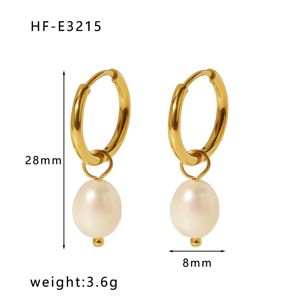 Vintage French Style Geometric Freshwater Pearl Earrings in Titanium Steel with Plated Finish for Women