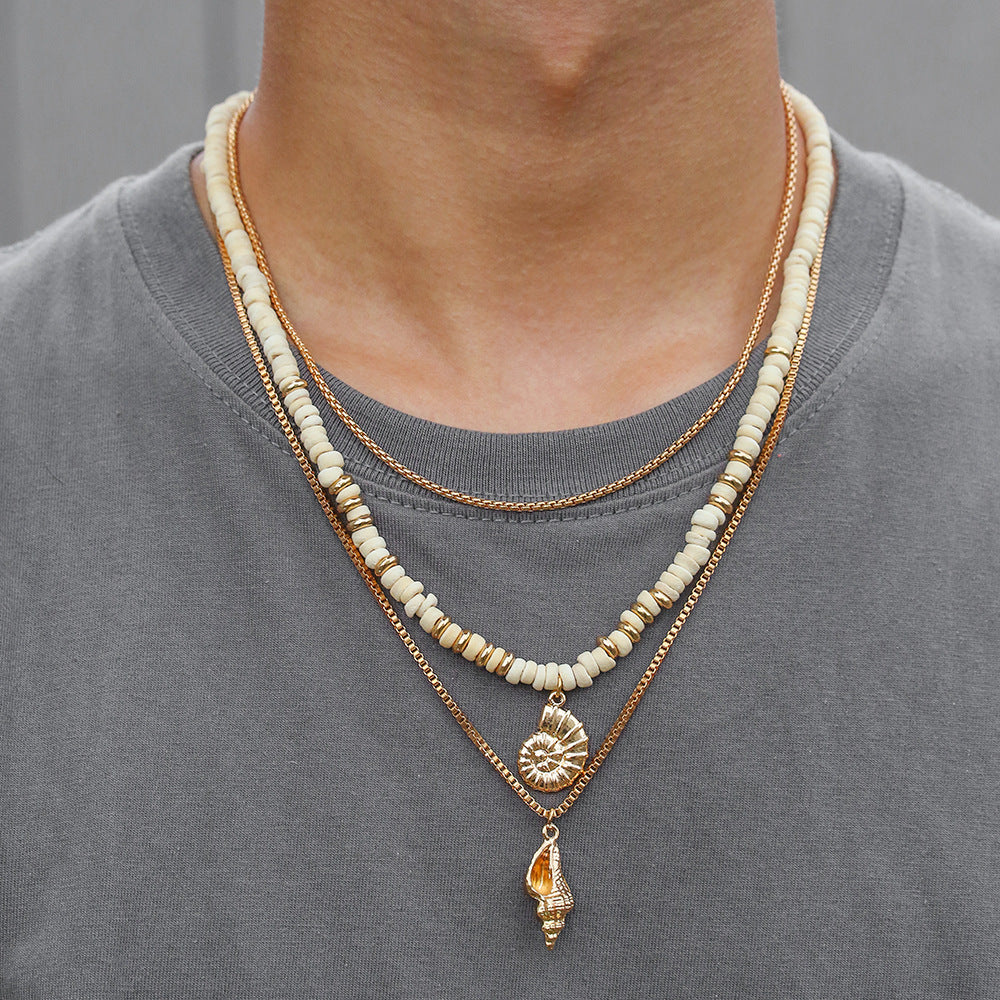 Bohemian Hip-hop Geometric Round Coconut Shell Alloy Handmade Pendant Necklace with Cable Chain for Unisex