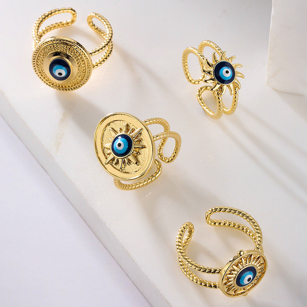 Geometric Open Ring for Women with Copper Base Plated in Real Gold and Enamel Evil Eye Design