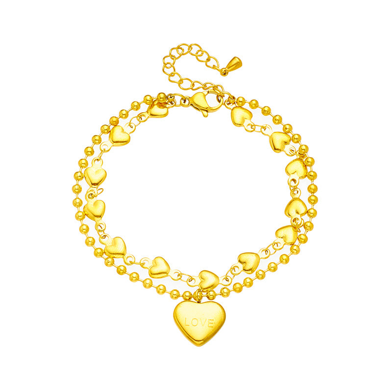 Pulsera de Acero Titanio Minimalista, a la Moda, de Doble Capa Apilable con Cuentas en Forma de Corazón para Mujeres