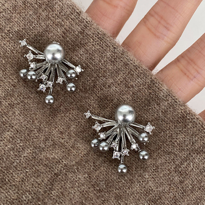 Pendientes de Perlas con Circonita Cúbica y Diseño de Fuegos Artificiales Estilo Vintage Francés Elegante para Mujer con Postes de Acero Inoxidable