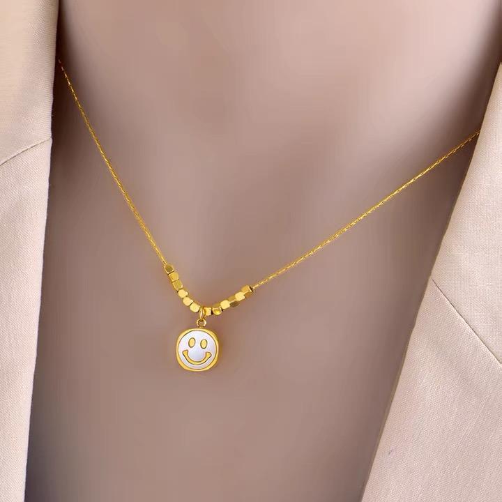 Artistic Minimalist Geometric Shell Smile Pendant Necklace for Women in Titanium Steel with Plated Finish Adjustable Clavicle Chain