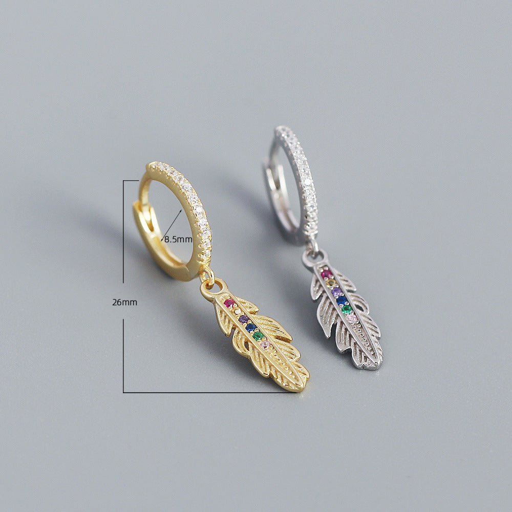 Eleganti Orecchini a Cerchio in Argento Sterling 925 a Forma di Piuma con Zirconi Cubici Colorati