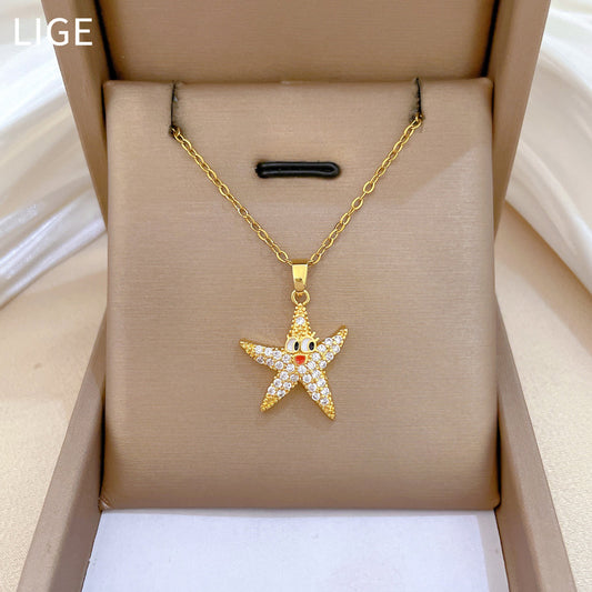Sweet Drip Oil Star Rhinestone Titanium Steel Necklace for Unisex