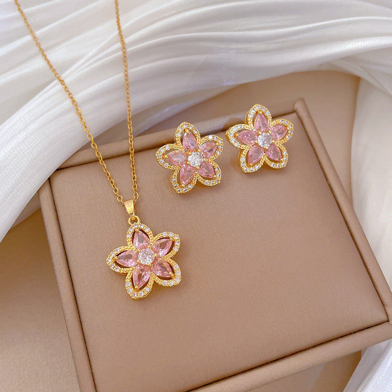 Sweet and Fresh Pink Five-Petal Flower Pendant Necklace in Titanium Steel with Rhinestone Inlay for Women