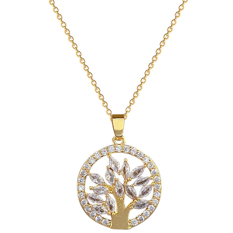 Collana con ciondolo Albero della Vita geometrico in acciaio al titanio di lusso da donna con intarsio in strass e catena in acciaio inossidabile