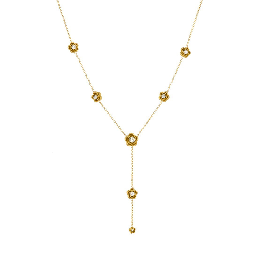 Minimalist Gold Plated Stainless Steel Floral Rhinestone Y-Shape Pendant Necklace for Women