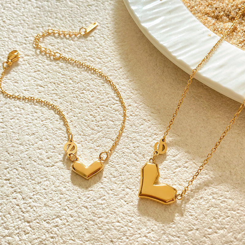 Minimalist Titanium Steel Heart and Letter Necklace and Bracelet Set