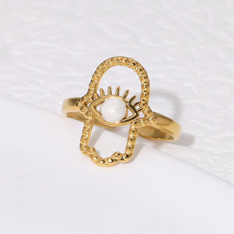 Anello Aperto Minimalista in Acciaio Inox con Occhio di Allah e Mano di Fatima Placcato Oro 18K