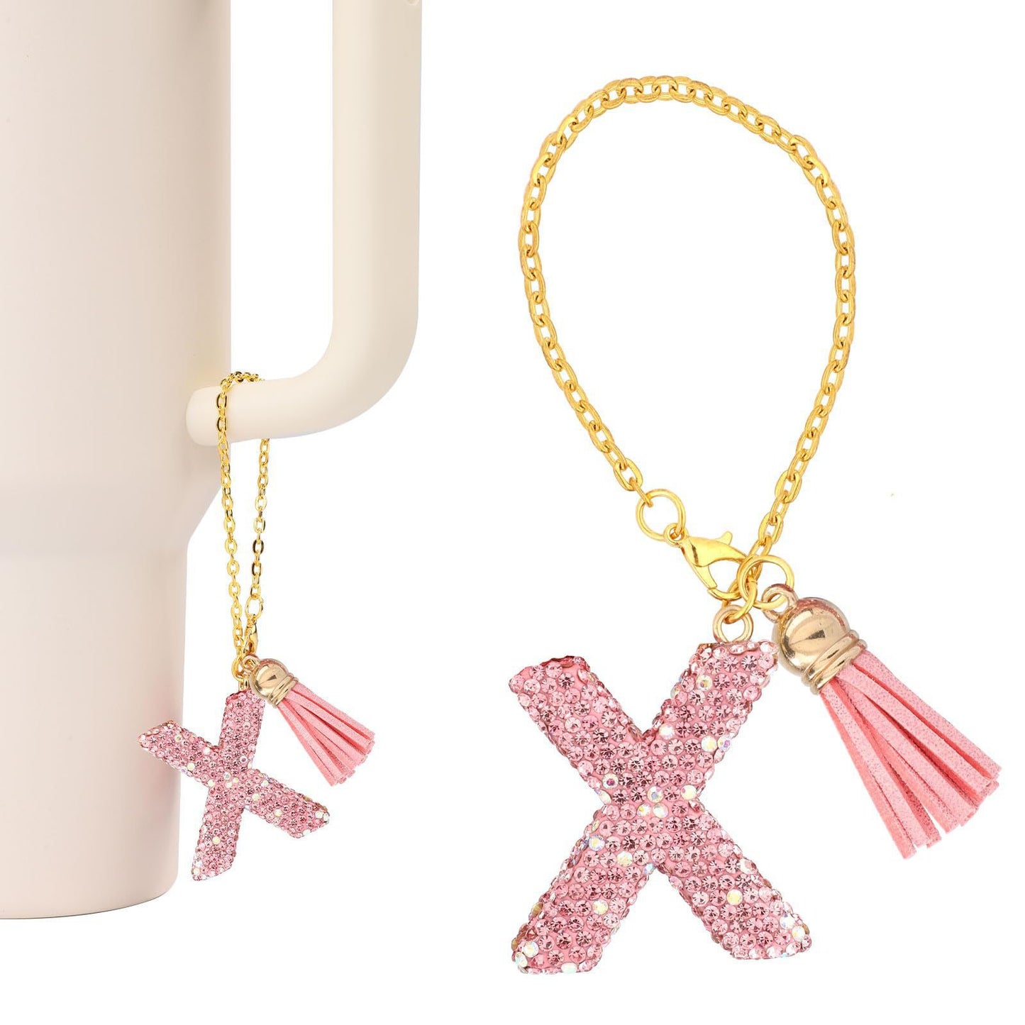 Minimalist Geometric Letter Ceramic Pendant with Gold Adjustable Chain Pink Tassel and Glitter Sequins