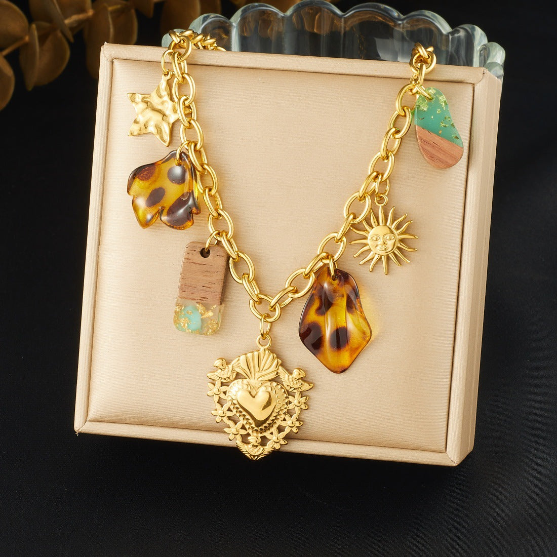 Vintage Gold Plated Heart Flower Sun Leopard Print Acrylic Stainless Steel Necklace
