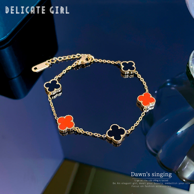 Minimalist Vintage Titanium Steel Box Chain Bracelet with Four-Leaf Clover and Mother-of-Pearl Accents