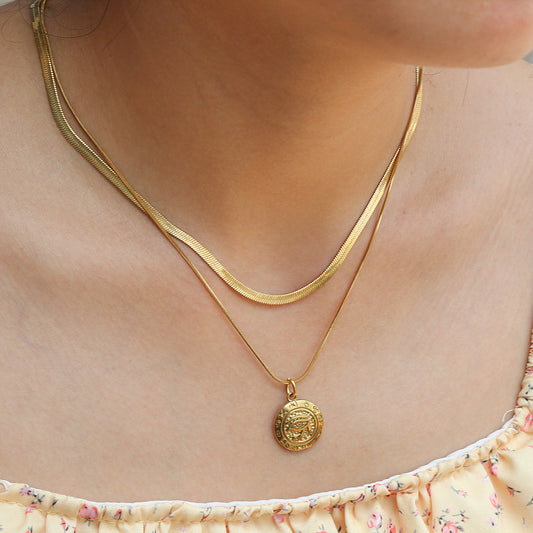Fashion-Forward Double-Layer Snake Chain Necklace with Evil Eye Pendant in Stainless Steel with 18K Gold Plating