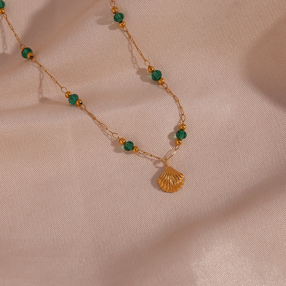 Minimalist Fashion Acrylic and Titanium Steel Geometric Clavicle Necklace with Green Bead and Shell Pendant