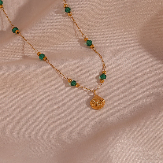 Minimalist Fashion Acrylic and Titanium Steel Geometric Clavicle Necklace with Green Bead and Shell Pendant
