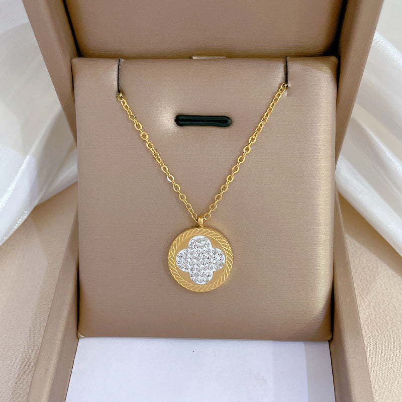 Minimalist Lucky Clover Full Rhinestone Titanium Steel Necklace for Women Geometric Pendant Clavicle Chain Fashion Office Wear