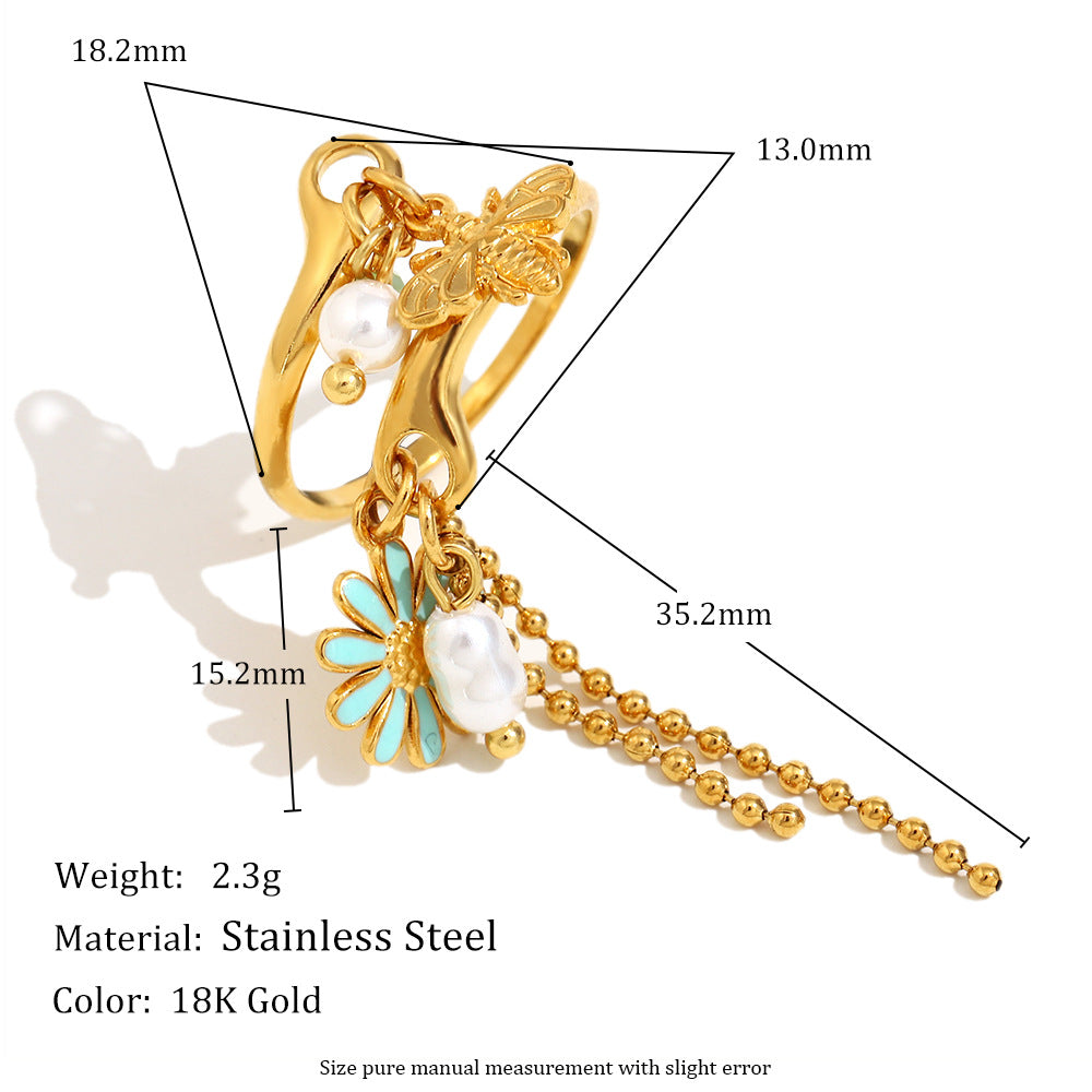 Vintage French-Style Floral Stainless Steel Ring with 18K Gold Plating and Tassel Detail for Women